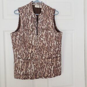 Chico's Animal Print Quilted Full Zip Vest Pockets Shimmer Tan Sz‎ 1 8-10 Medium